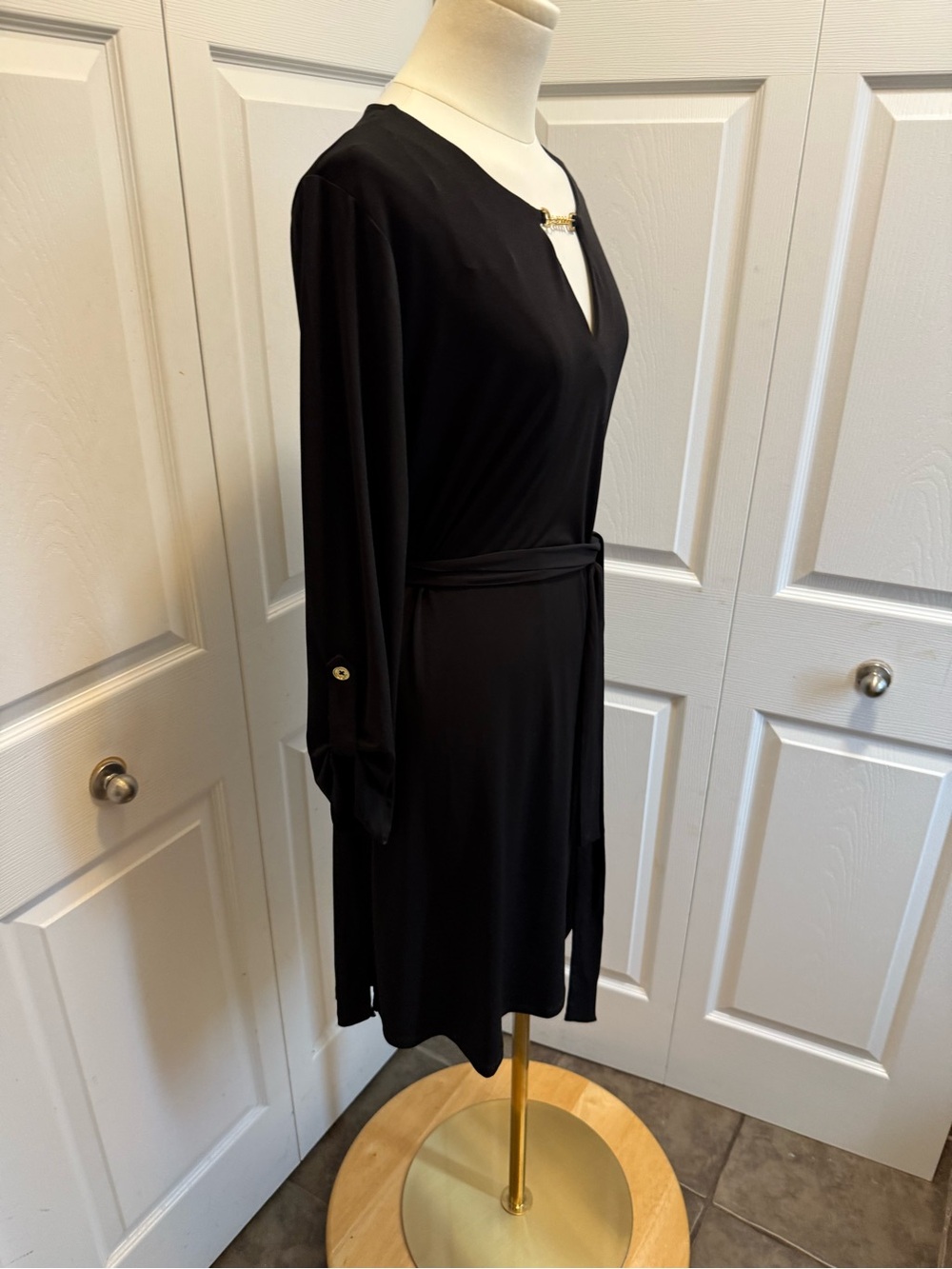 Michael Kors Black Long-Sleeve Dress with Gold Accent and Waist Tie - Picture 5 of 11